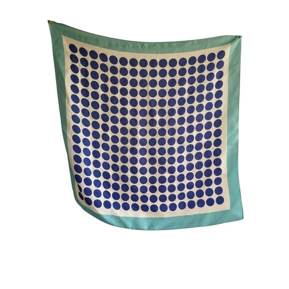 Vintage Polka Dot Silk Scarf With Blue & White Design And Light Aqua Border - Picture 4 of 4